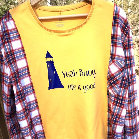 Upcycled Graphic Tee Flannel Sleeves, S-M: Oversized Lighthouse Pullover Shirt - Picture 3 of 10